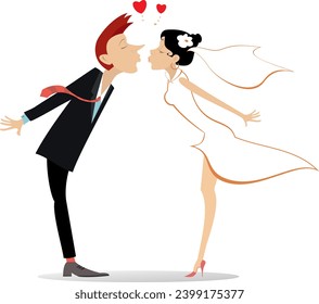 Happy married wedding couple.
Happy bridegroom and bride kissing one another. Falling in love. Isolated on white background
