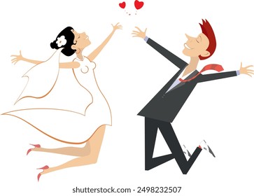 Happy married wedding couple. Heart shape.
Wedding ceremony. Happy jumping married wedding couple. Isolated on white background
