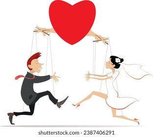Happy married wedding couple like puppets. 
Heart shaped master controls the running towards each other happy married wedding couple, like puppets. Isolated on white background
