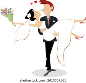 Happy married wedding couple. 
Happy lovers characters. Happy bridegroom holding a bride on the hands. Isolated on white background
