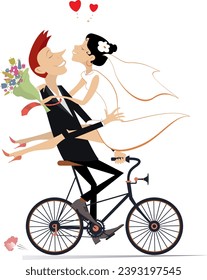 Happy married wedding couple rides a bicycle.
Happy lovers characters. Happy bridegroom with a bride on the hand rides a bicycle. Isolated on white background
