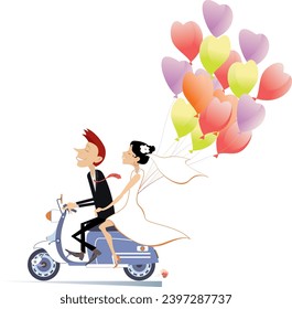 Happy married wedding couple rides on the scooter. 
Happy married wedding couple rides on the scooter with a lot of air balloons. Isolated on white background
