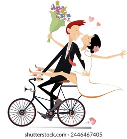 Happy married wedding couple rides a bicycle. 
Happy lovers characters. Happy bridegroom with a bride on the hand rides a bicycle. Isolated on white background
