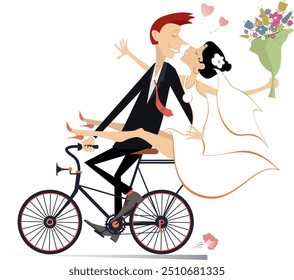 Happy married wedding couple rides a bicycle. 
Happy lovers characters. Happy bridegroom with a bride on the hand rides a bicycle. Isolated on white background
