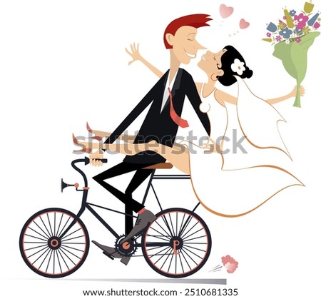 Happy married wedding couple rides a bicycle. 
Happy lovers characters. Happy bridegroom with a bride on the hand rides a bicycle. Isolated on white background
