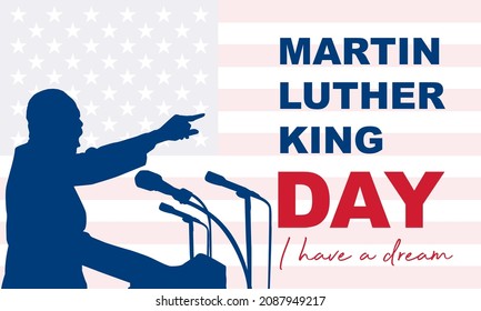 Feliz día de Martin Luther King. Inscripción de felicitación sobre el fondo de la bandera estadounidense. No hay gente. Cierre, vista superior. Felicitaciones a la familia, parientes, amigos y colegas