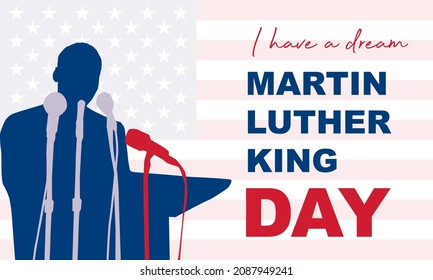 Happy Martin Luther King Day. Congratulatory Inscription On The Background Of The American Flag. No People. Closeup, Top View. Congratulations For Family, Relatives, Friends And Colleagues