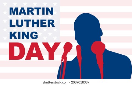 Happy Martin Luther King Day. Congratulatory Inscription On The Background Of The American Flag. No People. Closeup, Top View. Congratulations For Family, Relatives, Friends And Colleagues