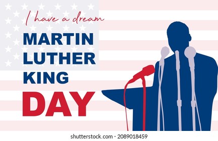 Feliz día de Martin Luther King. Inscripción de felicitación sobre el fondo de la bandera estadounidense. No hay gente. Cierre, vista superior. Felicitaciones a la familia, parientes, amigos y colegas