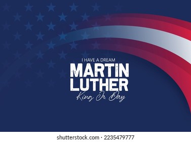 Feliz día de Martin Luther King. Día MLK, inscripción de felicitación sobre el fondo de la bandera estadounidense