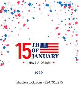 Happy Martin Luther King day. Congratulatory inscription on the background colors of the American Flag. No people. Closeup, top view