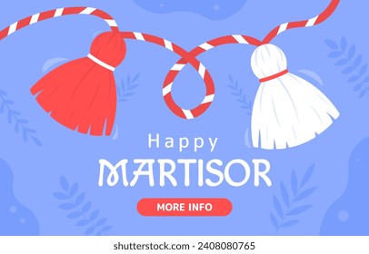 Cartel de feliz martior. Vestidos rojos y blancos en una cuerda. Diseño de página de inicio. Fiesta y festival tradicionales de rumania. Elemento gráfico para el sitio web. Dibujo vectorial plano de dibujos animados