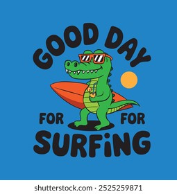 Feliz mascote crocodilo surfar com emoção! Um réptil brincalhão e alegre em uma prancha de surfe, incorporando vibrações de verão, aventura e diversão, perfeito para projetos de praia ou temáticos tropicais.