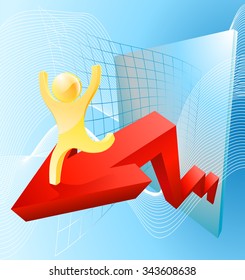 A happy mascot on an red graph arrow business concept