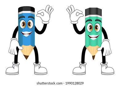 Happy mascot pencil characters standing and waving posing colorful outfit isolated