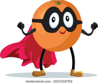 
Happy Masked Superhero Orange Fruit Vector Character. Super food with vitamins and super powers wearing a cape 
