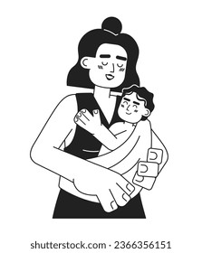 Happy maternity monochrome concept vector spot illustration. Cheerful latina mother holding baby in sling 2D flat bw cartoon characters for web UI design. Isolated editable hand drawn hero image