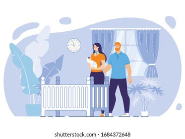 Happy Maternity and Parenthood, Cozy Home for Baby Concept. Smiling Mother Holding Newborn on Hands, Lull Baby at Night, Caring Husband Hugging Loved Wife with Child Trendy Flat Vector Illustration