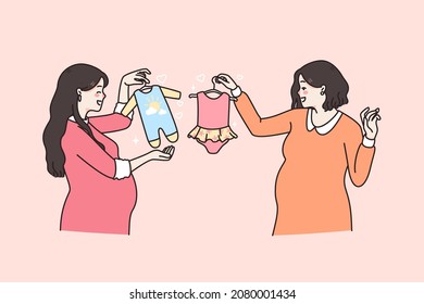 Happy maternity and pregnancy concept. Two smiling pregnant women standing choosing clothing for their babies boy and girl vector illustration 