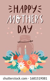 Happy mather's day, hand drawn greeting card template. Naive blooming wild flowers, herbs, leaves and mason jar night light holder composition with typography.