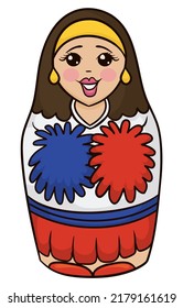 Happy Matryoshka as Russian cheerleader with pom poms in her hands.