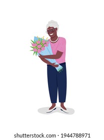 Happy mature african american woman with flowers flat color vector detailed character. Granny with bouquet. Mothers day isolated cartoon illustration for web graphic design and animation