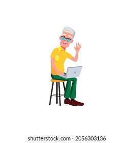 feliz hombre de edad madura usando laptop para la comunicación con niños vector de dibujos animados. feliz hombre de edad avanzada usando laptop para comunicarse con niños. ilustración de dibujos animados planos aislados