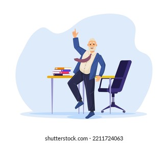 Happy mature businessman jumping pointing with his index finger up. Cheerful boss or office worker celebrating success at his workplace. Challenge, goal achievement, business success cartoon vector