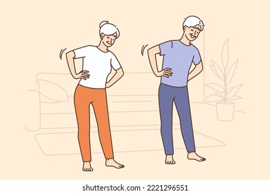 Happy mature couple do gymnastics at home. Healthy energetic elderly people training together indoors. Sport and physical activity. Vector illustration. 