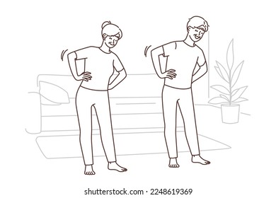 Happy mature couple do gymnastics at home. Healthy energetic elderly people training together indoors. Sport and physical activity. Vector illustration. 