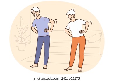 Happy mature couple do gymnastics at home. Healthy energetic elderly people training together indoors. Sport and physical activity. Vector illustration.