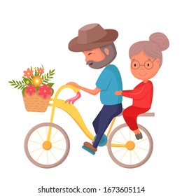 Happy mature couple, grandparents, retired man and woman cycling, riding a bicycle. Flat, cartoon style vector illustration isolated on white background. 
