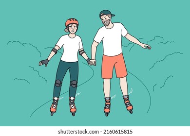 Happy mature couple have fun on roller blades on weekend in park. Overjoyed active energetic elderly man and woman ride rollers enjoy happy maturity together. Vector illustration. 