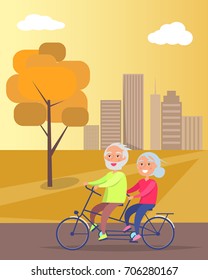Happy mature couple riding together on bike on background of skyscrapers in city park at sunset vector illustration. Husband and wife on retirement