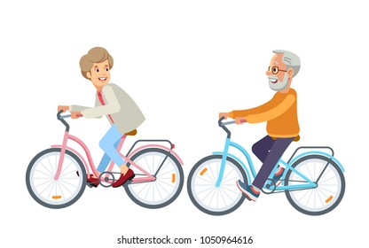 Happy mature couple - senior people, man and woman, already retired - cycling, flat, cartoon style vector illustration isolated on white background.