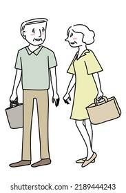 Happy mature couple walking together. Cute senior couple enjoying strolling and shopping together. Elderly man and woman talking cheerfully while walking outdoors. Senior couple having a date.
