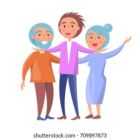 Happy mature family wife and husband and their grown up son vector illustration isolated on white. Family members cartoon characters