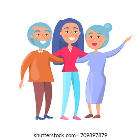 Happy mature family wife and husband and their grown up daughter or granddaughter vector illustration isolated on white. Family members cartoon characters