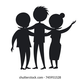 Happy mature family wife and husband and their grown up son vector isolated on white black silhouette. Family members cartoon characters colorless