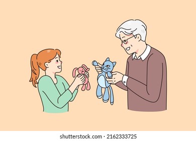 Happy mature grandfather play dolls with smiling little granddaughter. Smiling loving grandpa have fun enjoy toy game with excited small grandchild. Young and old generation. Vector illustration. 