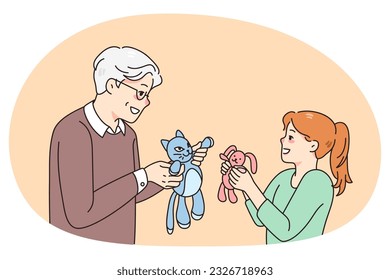 Happy mature grandfather play dolls with smiling little granddaughter. Smiling loving grandpa have fun enjoy toy game with excited small grandchild. Young and old generation. Vector illustration.