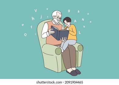 Happy Mature Grandfather Sit In Armchair Reading Book To Little Grandson Enjoy Weekend Together. Caring Granddad Relax In Chair With Small Grandchild. Old And Young Generation. Vector Illustration. 