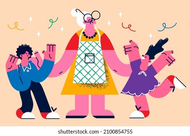 Happy mature grandmother have fun play with small grandchildren on weekend. Excited little kids children enjoy time with old granny. Grandparents love and care. Flat vector illustration. 