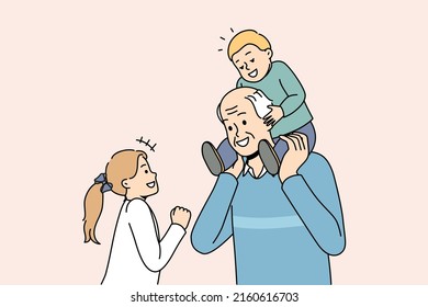 Happy Mature Grey-haired Grandfather Playing With Small Grandchildren. Loving Grandpa Have Fun Enjoy Playful Activity Or Game With Little Grandkids. Family Bond. Vector Illustration. 