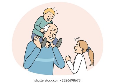 Happy mature grey-haired grandfather playing with small grandchildren. Loving grandpa have fun enjoy playful activity or game with little grandkids. Family bond. Vector illustration.