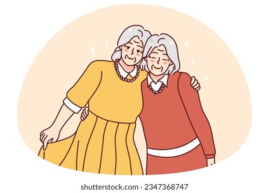 Happy mature grey-haired women hugging enjoying lifelong friendship. Smiling elderly grandmothers embrace show unity and love. Aging concept. Vector illustration.