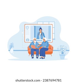 Happy mature husband and wife sitting on the sofa at home. Consulting about health with the young female doctor on the laptop. Doctor Talking To Elderly Patient At Home concept. 