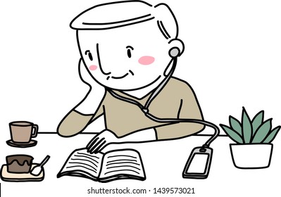 Happy mature man with earphones sitting at cafe and reading book. Elderly man sitting at cafe and reading book. Cute senior man listening to music on earphones while reading book. Hand-drawn vector.