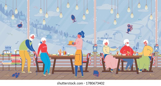 Happy Mature People Relaxing in Ski Alps Mountains Restaurant with Huge Windows and Cable Road View. Active Senior Men and Women Enjoying Vacation in Alpine Resort. Cartoon Flat Vector Illustration