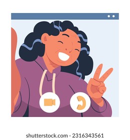 Happy mature woman blogger doing victory sign hand gesture while recording new content for social media. Elderly people video communication vector illustration